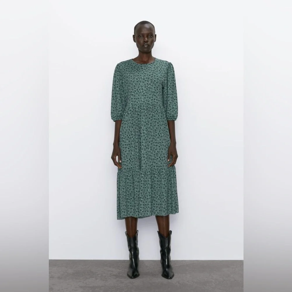 Zara | Dresses | Zara Green Floral Midi Dress